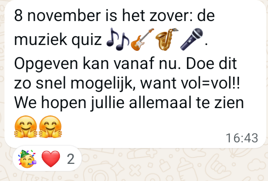 Oproep opgeven voor de muziek quiz van 8 november